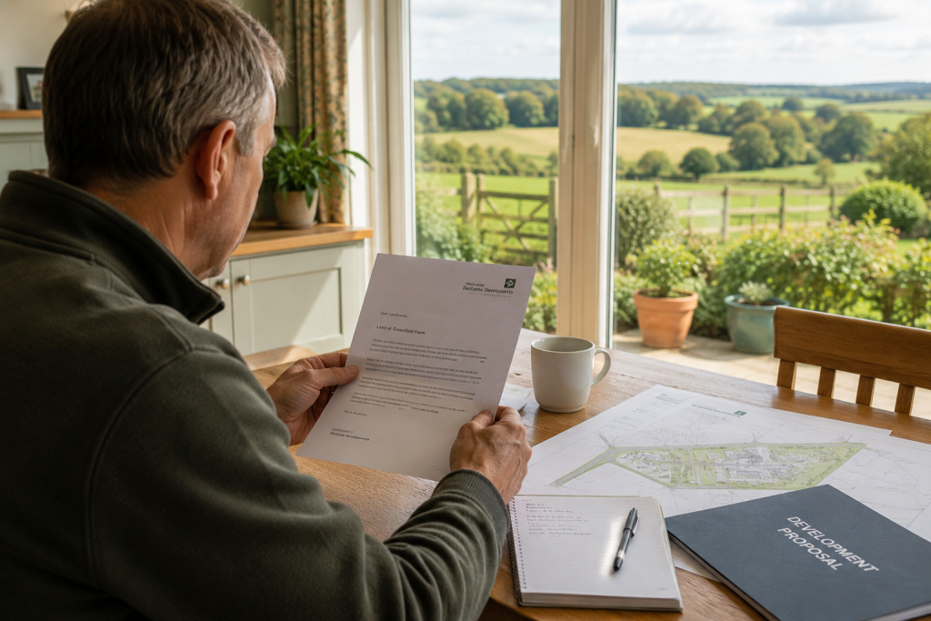 A Developer Has Approached Me About My Land — What Should I Do? Landowner reviewing developer approach letter before seeking independent advice